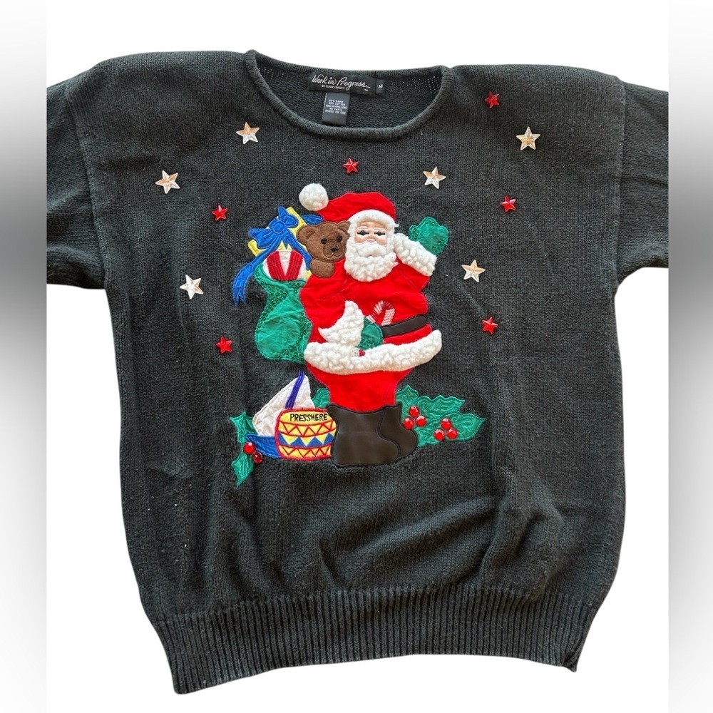 Vintage 80s Christmas Knit Sweater Santa Holiday Time Festive Rhinestone Beaded💕
